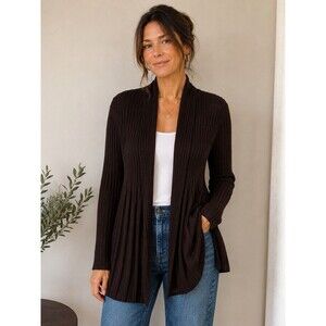 Eileen Fisher Ribbed Open Cardigan Sweater Brown 100% Wool Italian Yarn Medium
